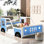 Lit plateforme bleu en forme de voiture pleine grandeur avec roulettes - Bois de pin et conception de voiture ludique