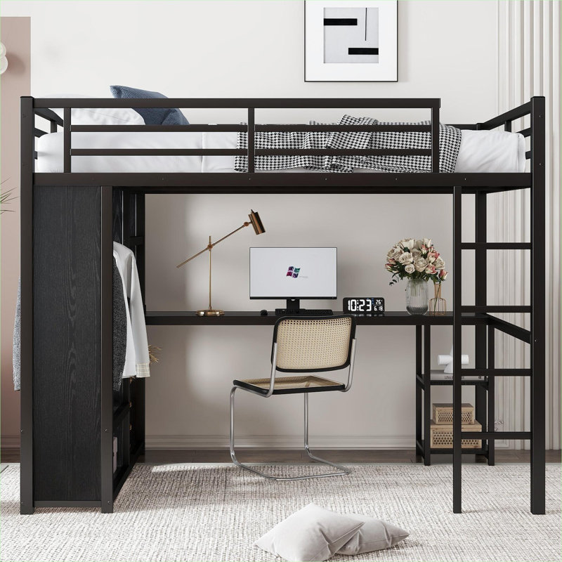 Structure de lit double, mezzanine multifonctionnelle pour petite chambre à coucher, métal noir profond avec bureau intégré, garde-robe et tablettes de rangement