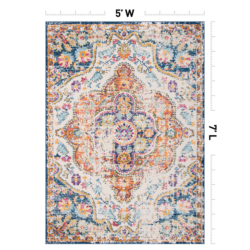Beverly Oriental Orange/Blue/Cream Area Rug, Rectangle 5' x 7'