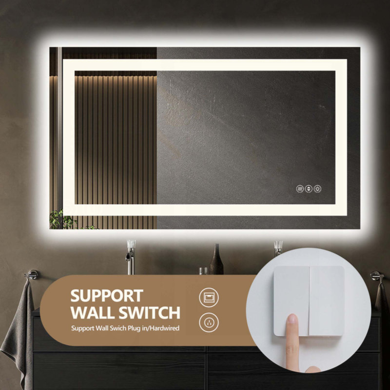 Frameless Dimmable LED Bathroom Mirror – 3 Color Temperatures, Anti-Fog, UL-Certified 5mm Tempered Glass, 36" x 48"