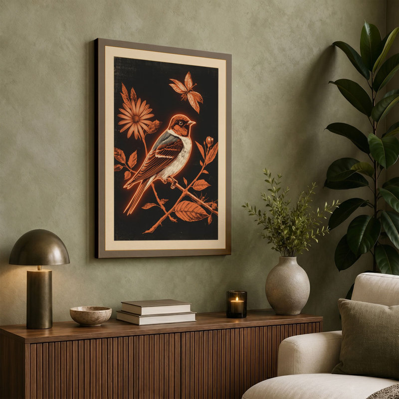 Bird on Flowering Branch Botanical - Wrapped Canvas, 36x24 - 91.4 x 61.0 cm, Ochre Border