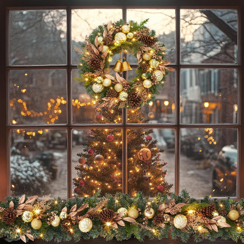 Couronne de Noël pré-éclairée 24 "avec lumières DEL, pommes de pin, baies et clochettes pour décor de porte d'entrée