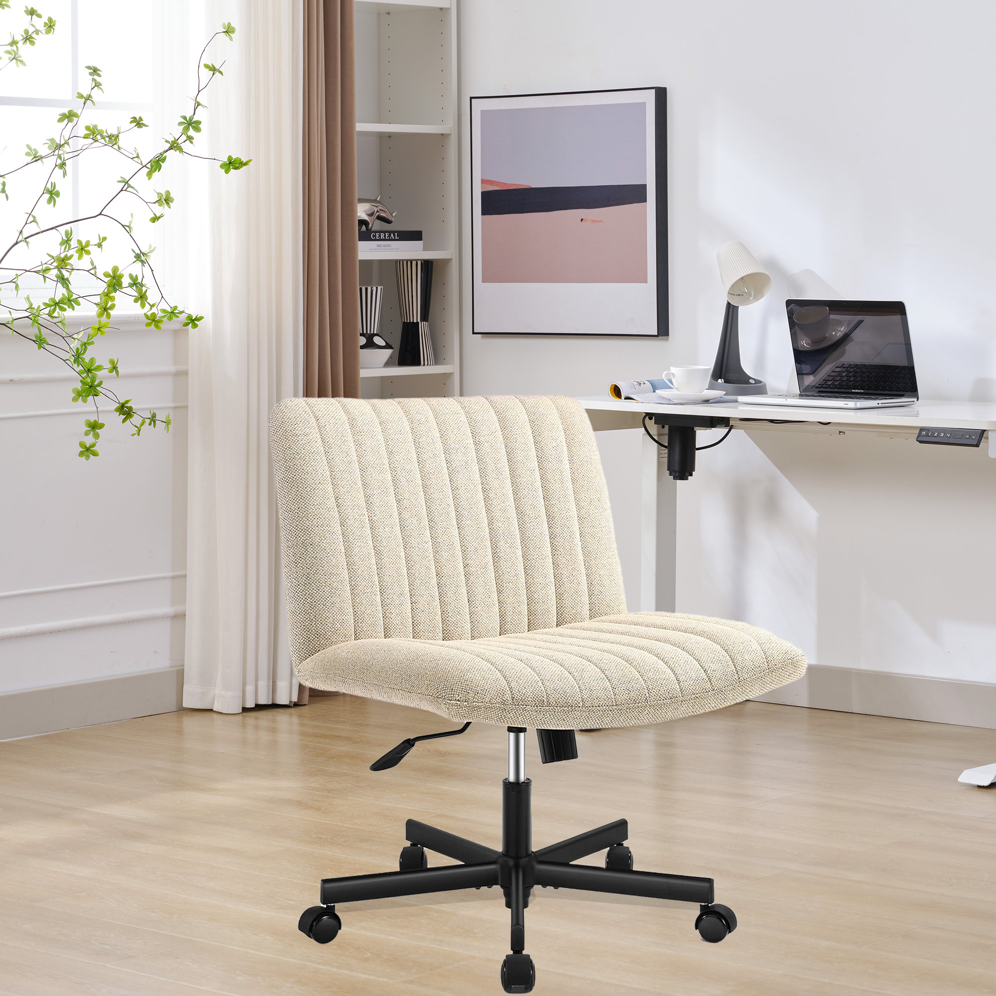 Office Chair Armless Criss Cross Legged Chair No Wheels, Comfy Home Office  Desk Chairs, Adjustable Swivel Padded Fabric Vanity Task Computer Chair