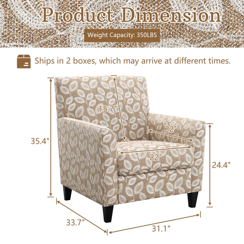 Fauteuil d'appoint rembourré de style moderne du milieu du siècle, 79 cm, jacquard botanique, camel, Chameau
