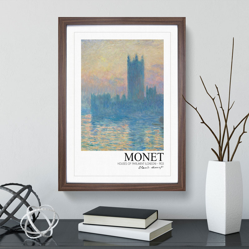 Houses of Parliament with Border by Claude Monet - Picture Frame Painting, 65cm H x 48cm W x 2cm D, Walnut Framed