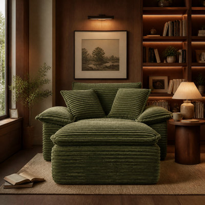 Canapé-lit infonuagique 1 place avec méridienne, fauteuil et pouf amovible à 2 niveaux, 1 place et demie, assise profonde, modulable, idéal pour le salon. Livré sans montage. Revêtement en molleton vert.