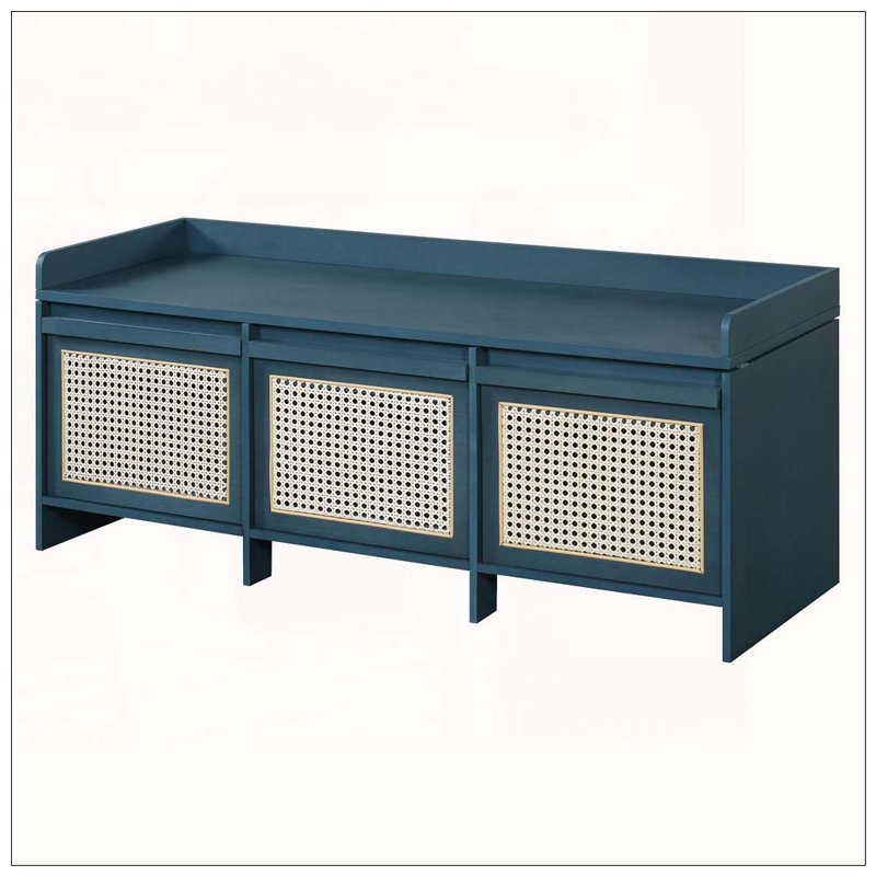 Banc de rangement pour chaussures de 48 po, banc de rangement rétro avec tiroirs en rotin et coussin amovible rembourré à boutons
