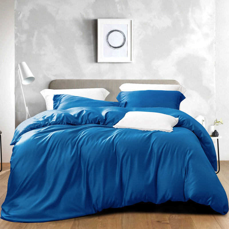 Ensemble de housse de couette 3 pièces, ensemble d'édredon en satin avec fermeture à glissière cachée - NTBAY, Bleu royal