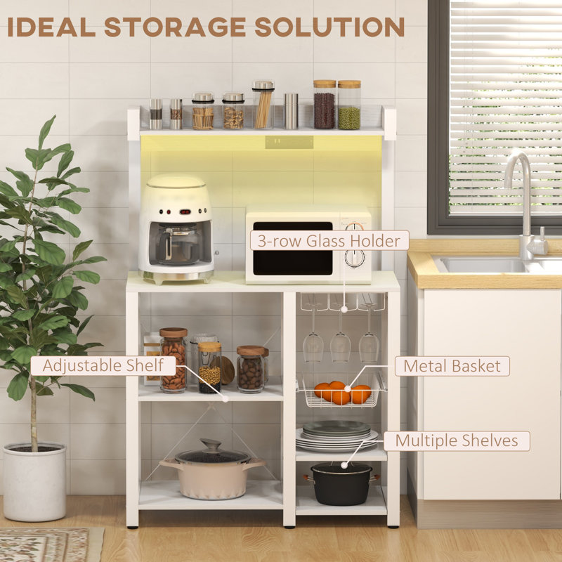 White Composite Kitchen Baker's Rack with LED Lights and Charging Station