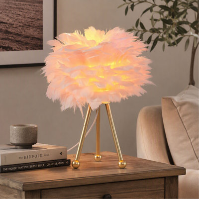 Table Lamp, 14.5", Pink Feather, Small Gold Tripod Bedside with Feather Shade