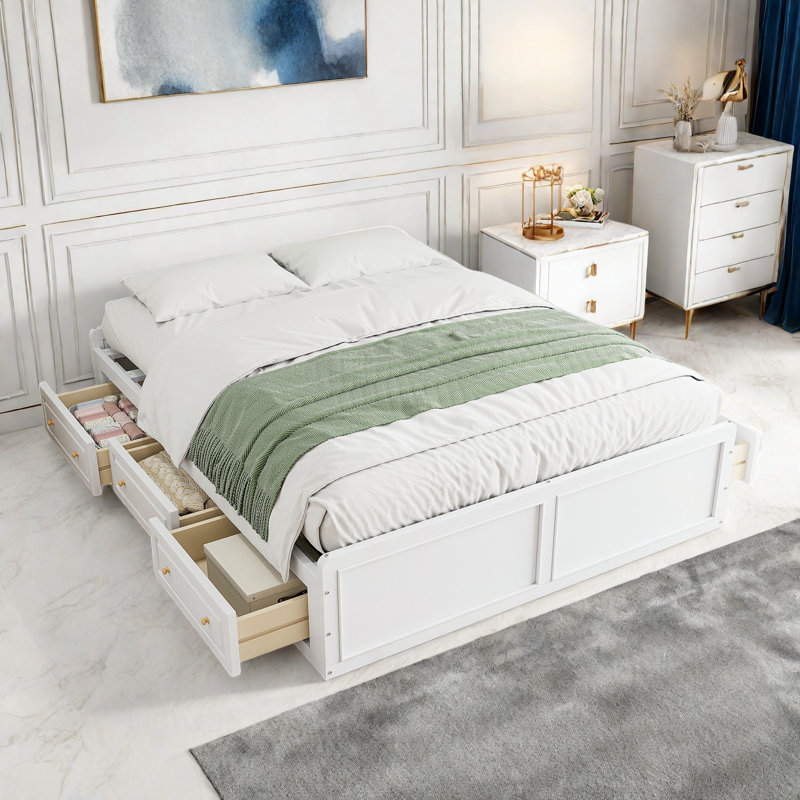 Lit plateforme en bois avec 6 tiroirs, sans tête de lit, Blanc