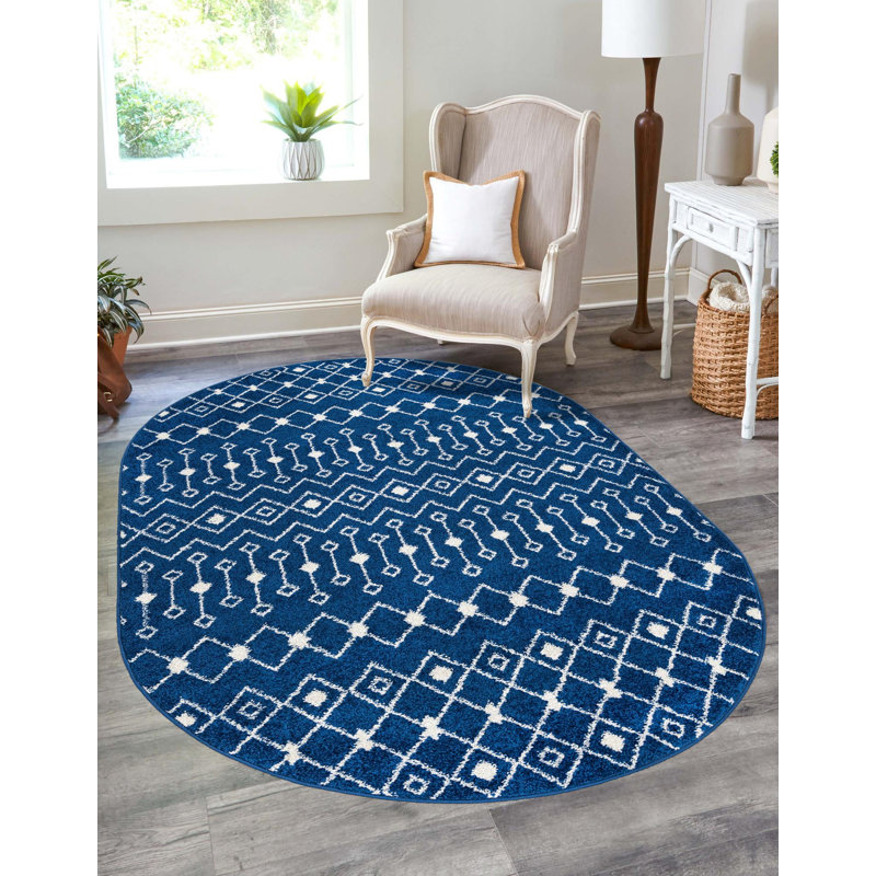 Tapis bleu / blanc en chenille / polyester tissé à la machine Briehn, Ovale 7 pi 10 po x 10 pi