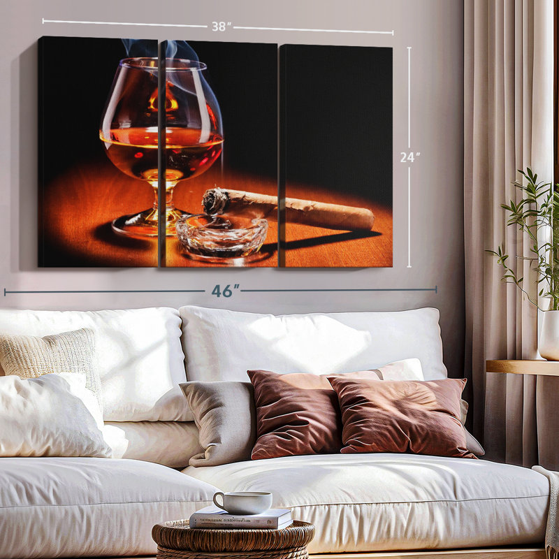 "Cigare et boissons au cognac" sur toile, H 36 po x l 57 po x P 1,25 po