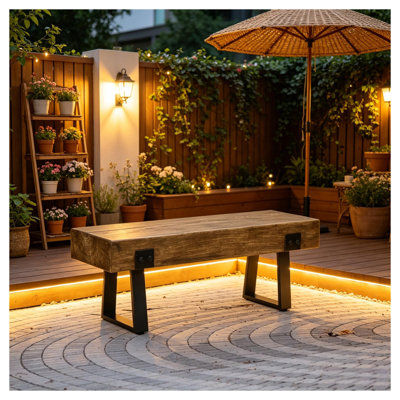 Outdoor Concrete and Metal Garden Bench with Wood Grain Effect in Black and Natural