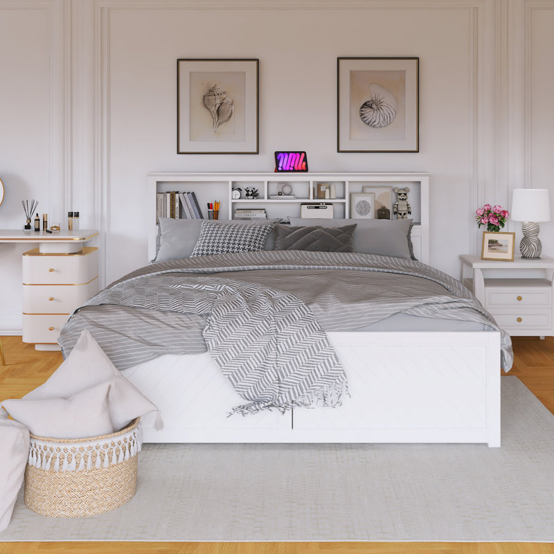 Lit plateforme très grand à structure en bois avec tête de lit multi-rangement, USB et tiroirs, Blanc