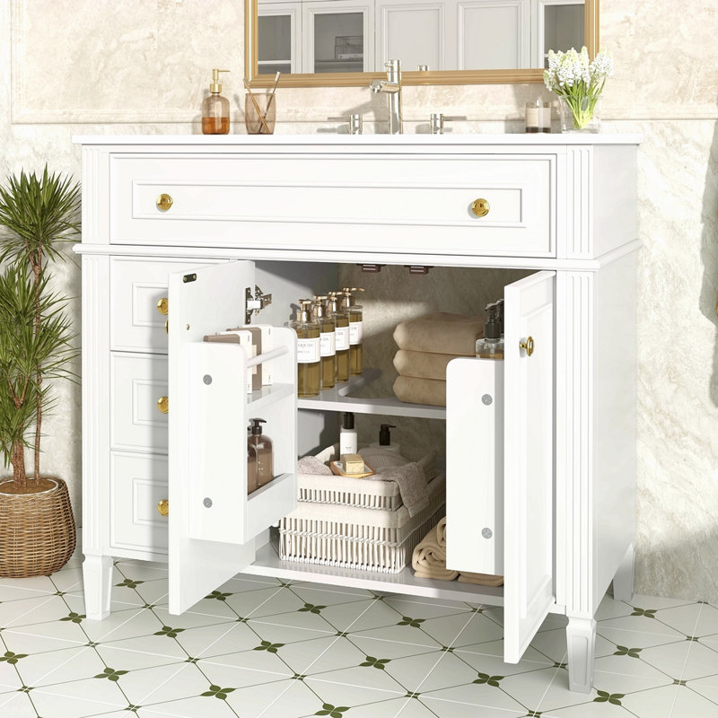 Meuble-lavabo de 36 po avec lavabo en bois massif avec tiroir escamotable, 3 tiroirs et 2 portes à fermeture en douceur, poignées dorées et design moderne