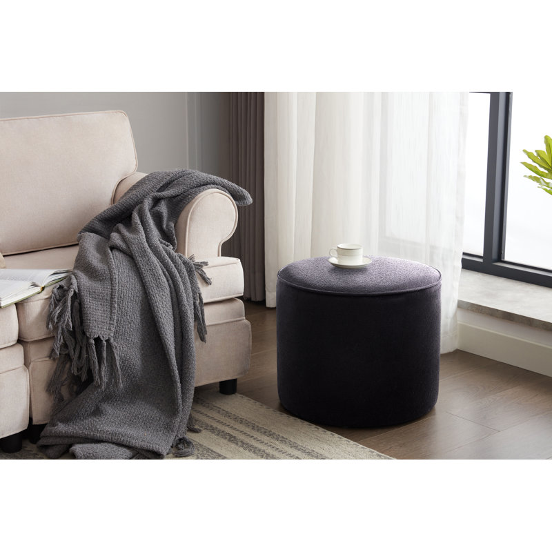 Amarjot Bouclé Fabric Round Ottoman, Black Polyester Blend