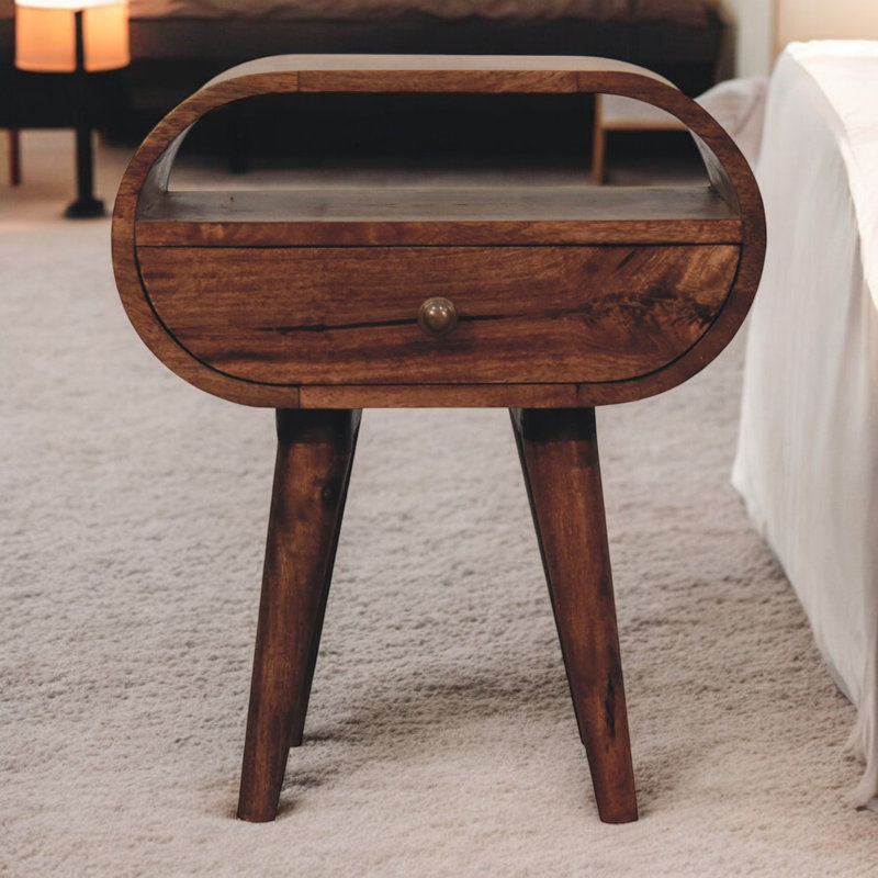 Honey Caramel Solid Mango Wood Circular Bedside Table with Drawer