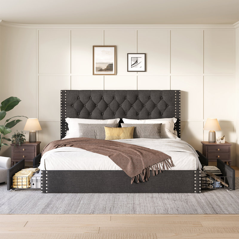 Upholstered Platform Bed With Storage Drawers, Dark Gray, Dark Gray, King