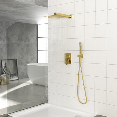 Système de douche mural 10 pouces - Tête carrée double dorée avec buse facile à nettoyer et valve de douche à main avec pomme de douche réglable 360
