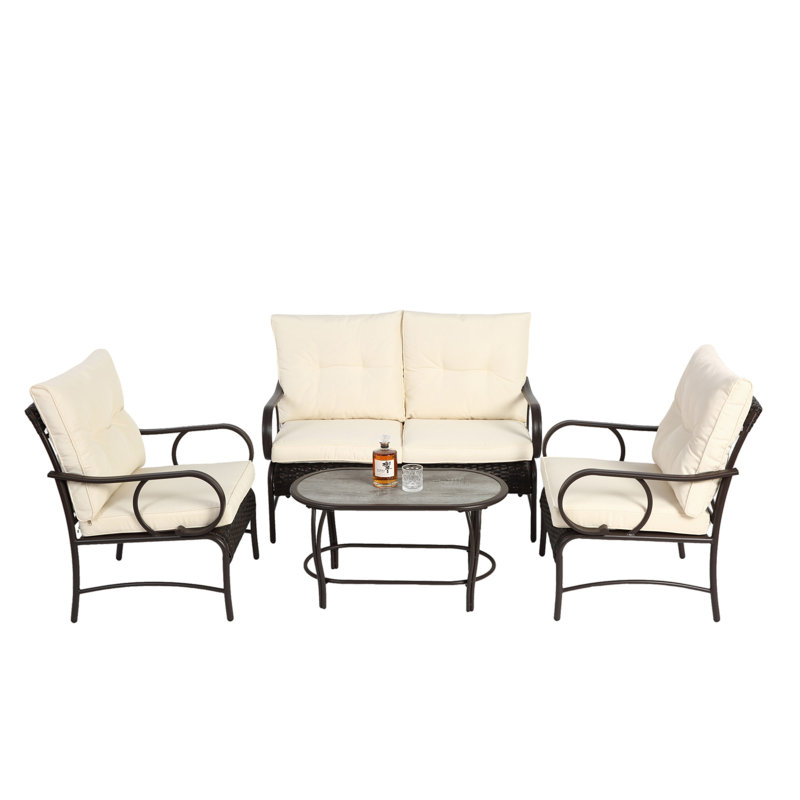 Ensemble de mobilier d'extérieur 4 pièces, ensemble de conversation en osier pour terrasse, canapé en rotin brun avec coussin