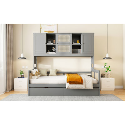 Lit de jour simple en bois avec 2 tiroirs et armoire de rangement pratique, paire de tablettes pratiques gris, bois