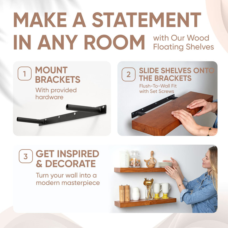 Kaveah 2 Piece Solid Wood Floating Shelf, Honey Oak