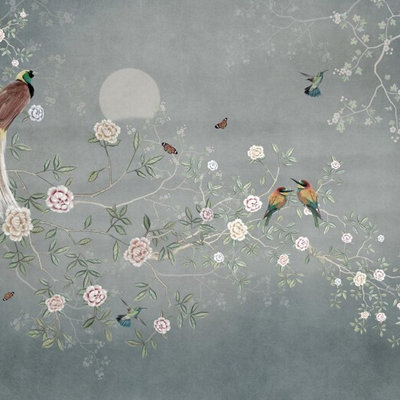 Elegant Teal Bird And Blossom Branch Wall Mural, Floral Botanical Nature Scene Wallpaper For Living Room Bedroom Dining Room Decor