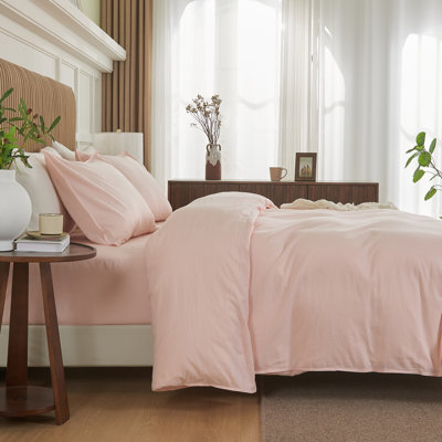 Linen Cotton Duvet Cover Set with Hidden Zipper Closure(King, Pink)