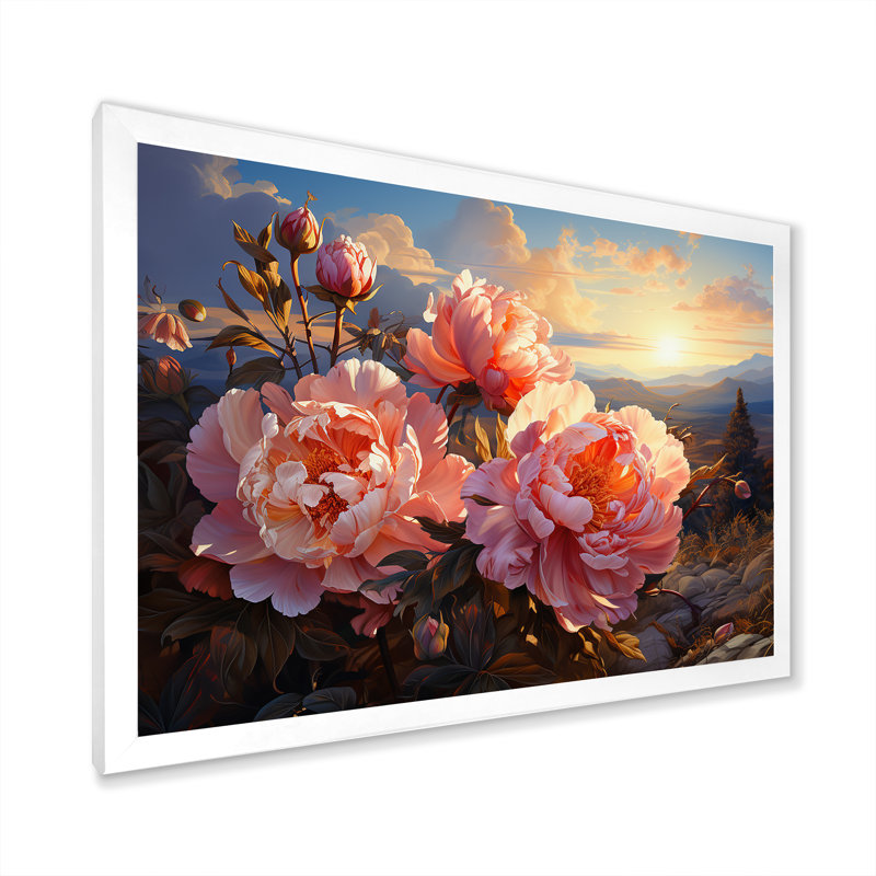 Pivoines magiques au coucher du soleil I, H 34 po x l 44 po x P 1,5 po, Cadre photo blanc