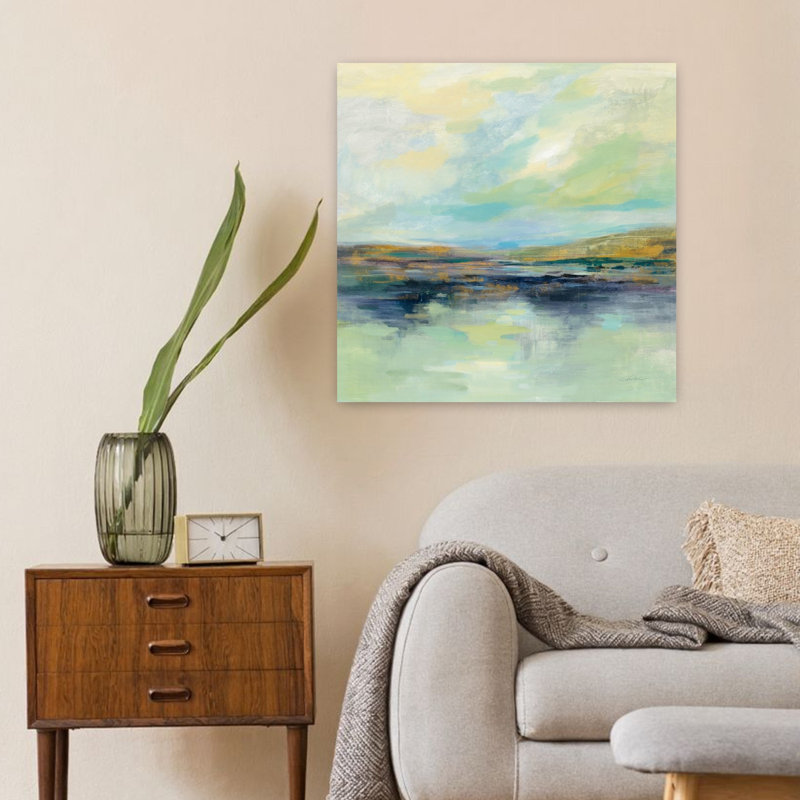 Champ contemporain doré au bord de la rivière avec art abstrait bleu, H 24 po x l 24 po