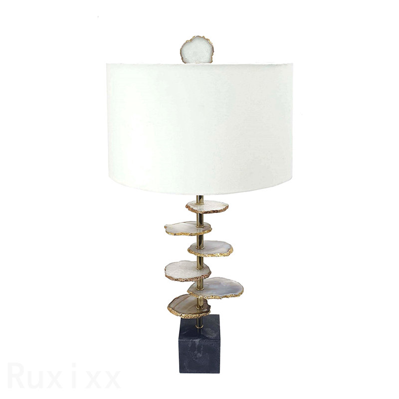 D14x29.5" Smoke Agate-Slice Table Lamp W/ Marble Base