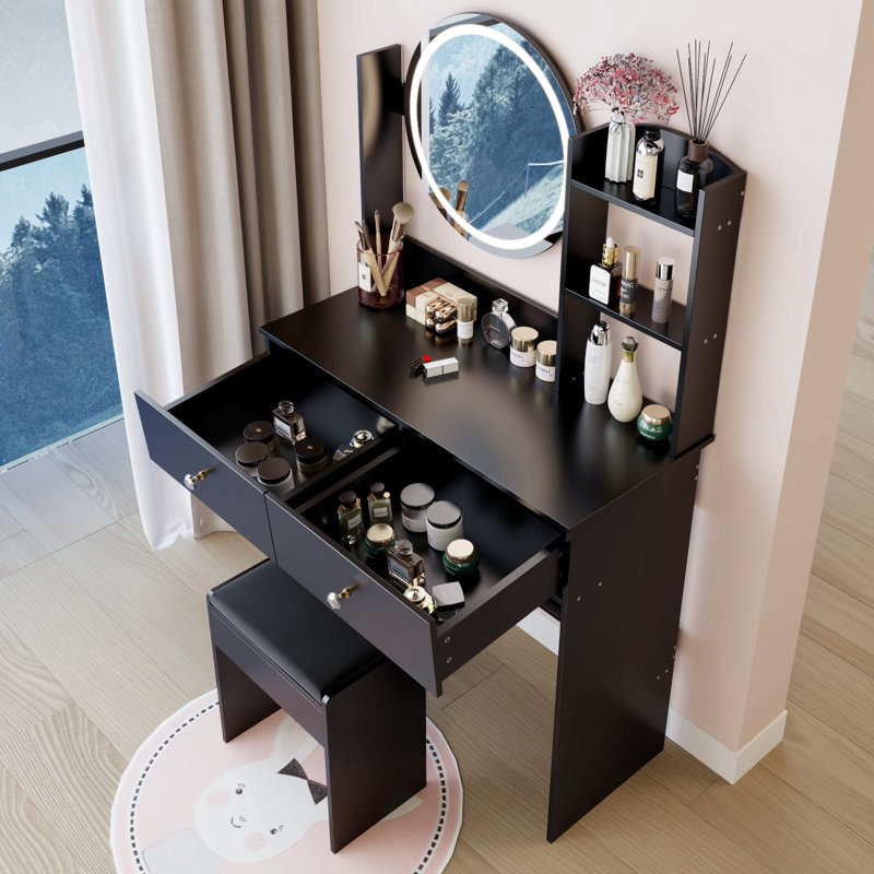 17" Round Led Mirror Vanity Table + Soft Cushion Stool Set, Large Mirror, Touch Switch, 3 Colors, Adjustable Brightness, Large Desktop, Multi-Layer High Capacity Storage, Suitable For Small Space
