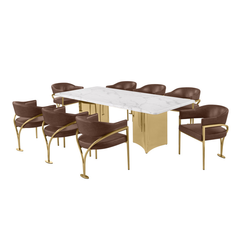 Ensemble de salle à manger en marbre blanc Grand avec chaises d'appoint Leathaire, 9 pièces : table, 8 chaises, Moka