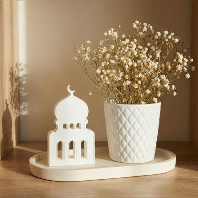 Minimalist Mosque Silhouette Stone Decor – Handmade Modern Islamic Tabletop Sculpture with Crescent Moon, White Ramadan & Eid Home Accent