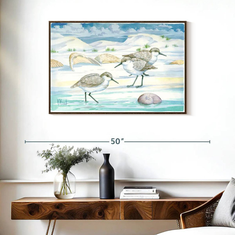 Shell Island Sandpipers, 37" X 25", Floating Frame Walnut