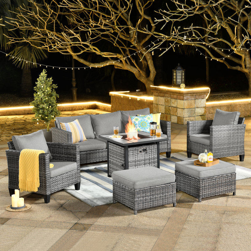 Allcot 5 - Person Wicker/Rattan Patio Furniture Set, Outdoor Fire Pit Sofa Set with Throw Pillows and Comfy Cushions, Gray