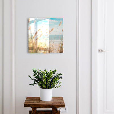 Decorative key box for wall, Opens to the left, 30x30x5, Black, A quiet shore with grass and the sea, 