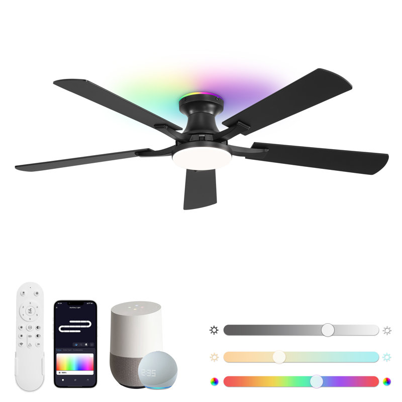 Cissline 52" Smart RGB Black Flush Mount Ceiling Fan with Light,Sleek and Futuristic, Remote & App Control, Modern Minimalist Design