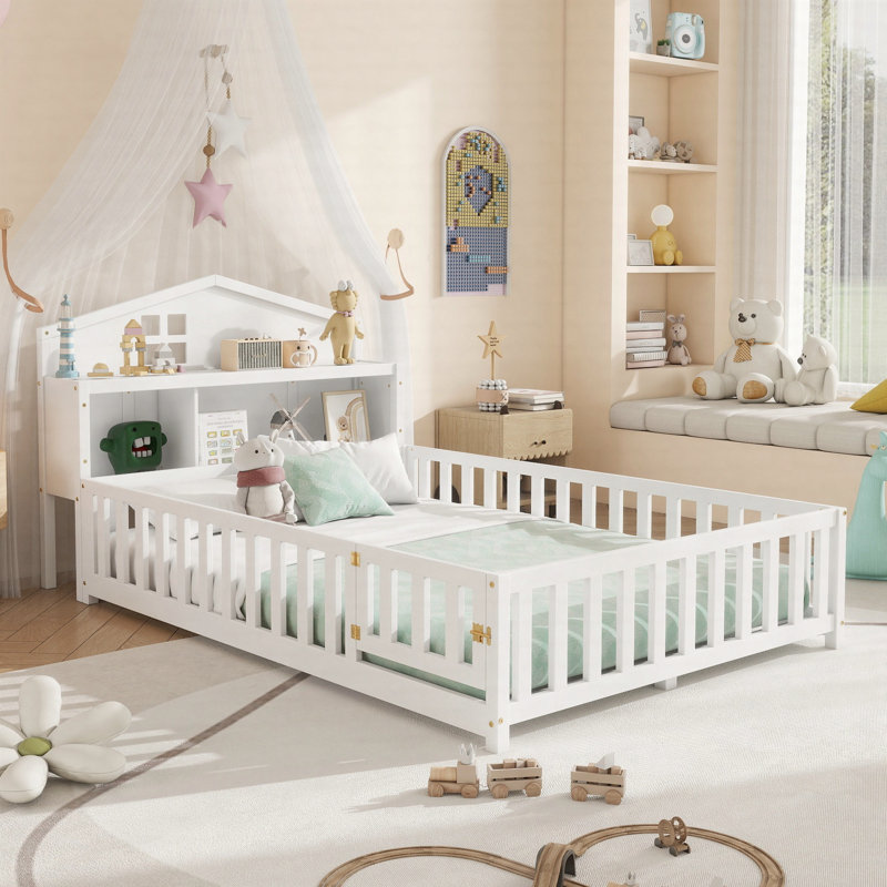 Full Size Solid Wood Floor Platform Bed With Bookcases And Guardrails, A Versatile And Space-Saving Choice For Your Bedroom.