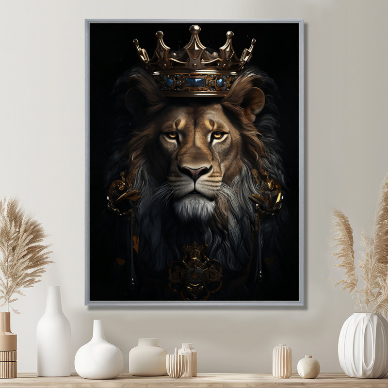 «Majestic Lion King with Golden Crown», reproduction sur toile, 32" H x 24" W, Cadre flottant blanc