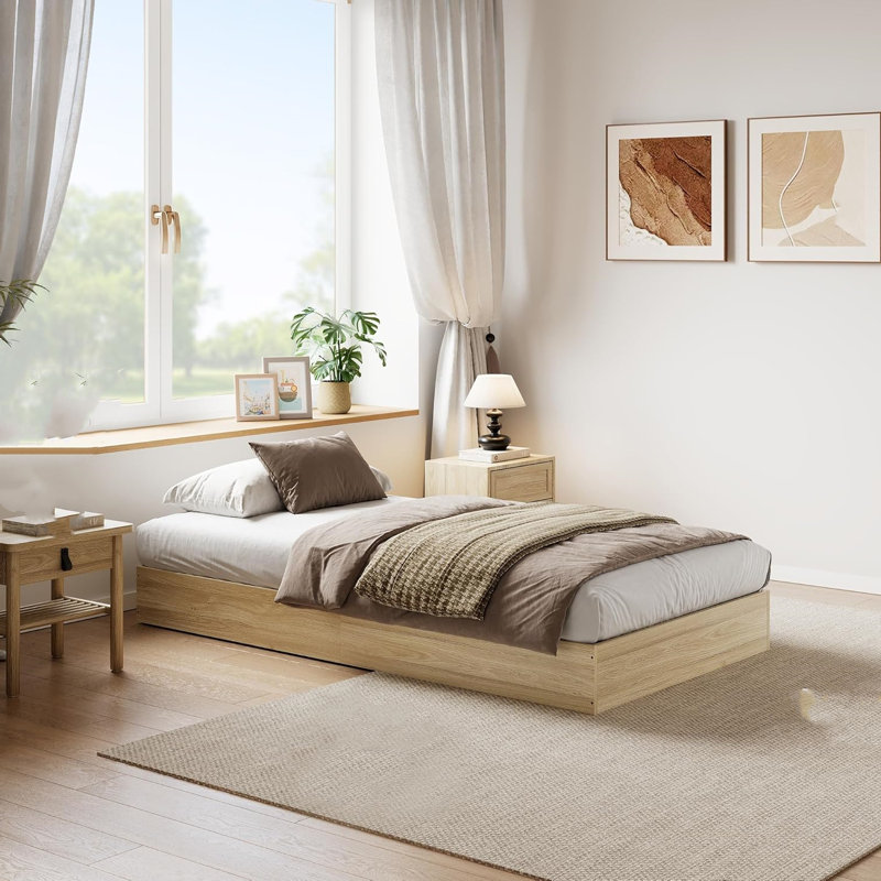 Wood Platform Bed Frame,Wooden Bed Frame Without Headboard, Wood Slat Support, Burlywood, Full / Double