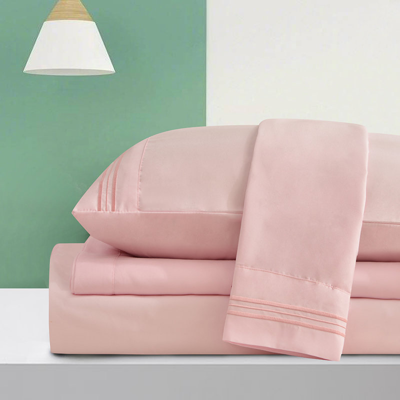  Ensemble de draps en rayonne ultra doux et infroissable, Rose, Ensemble de draps pour très grand lit + un drap-h