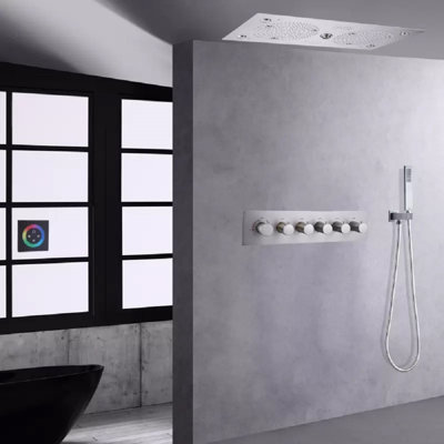 Brushed Nickel Thermostatic Recessed Ceiling Mount Rainfall LED Shower System with Handheld Shower