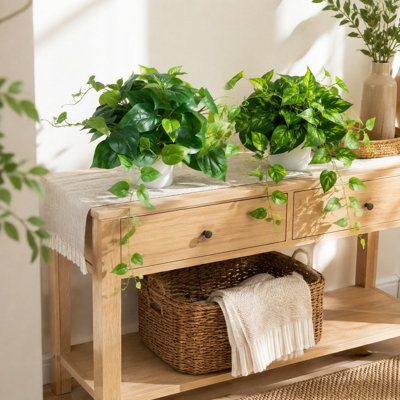 8.66 Inch Artificial Pothos Potted Plants, 2 Pack Faux Trailing Ivy Greenery in White Pot for Indoor Home Office Tabletop Decor