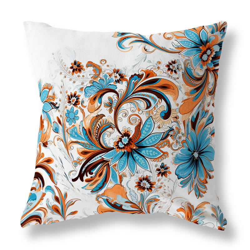Coussin décoratif réversible Wild Flora Fusion, Motif floral bleu / orange, H 20 po x l 20 po