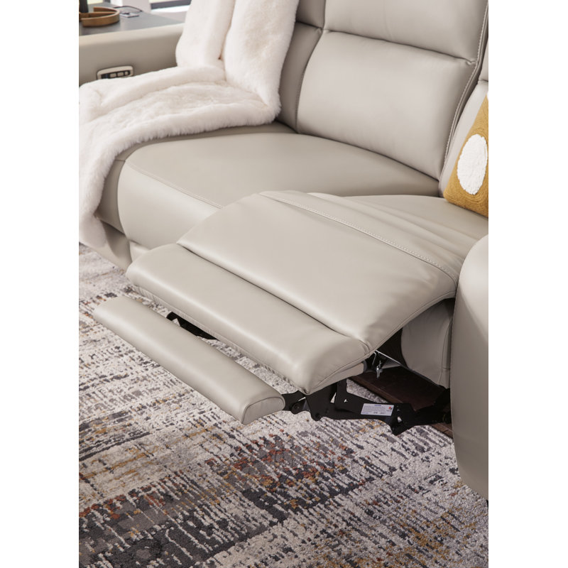 Gray Leather Power Reclining Sofa with Adjustable Headrest