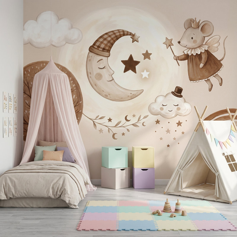 Papier peint beige avec nuages décoratifs Dreamy Nursery Moon and Stars, 120 po x 96 po, Non tissé