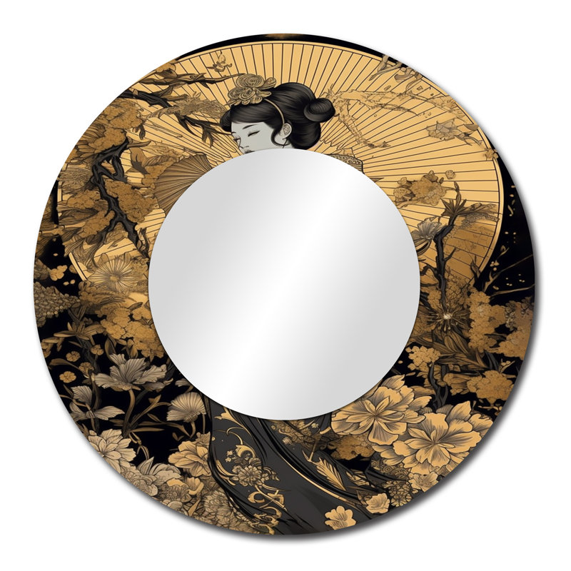 Ferrucci Elegant Japanese Woman I - Woman Decorative Mirror, Gold Round Wall Mirror, Printed Metal Art, 29" x 29"