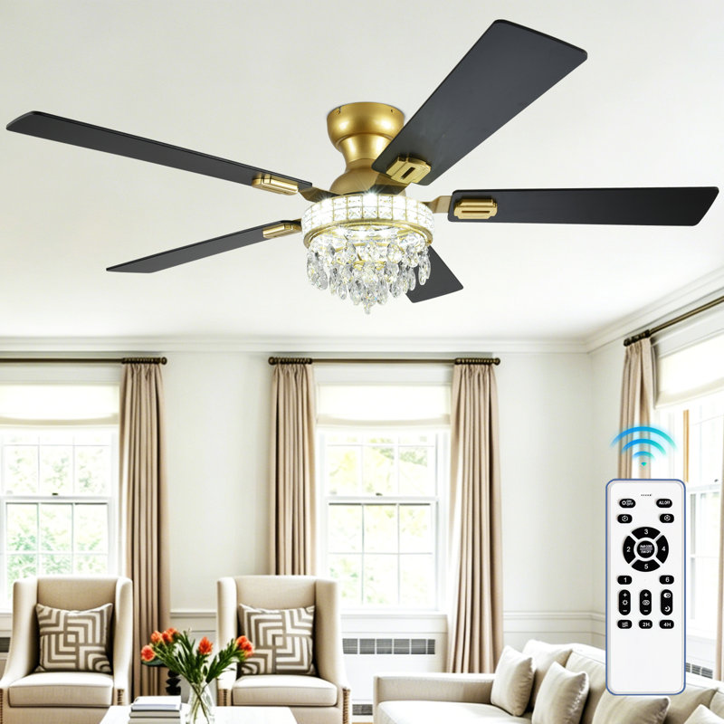 52 Inch Modern Crystal Ceiling Fan with Lights, Remote Controlled, Easy Installation, Safety Cable, 3 Color Temp & Memory Function